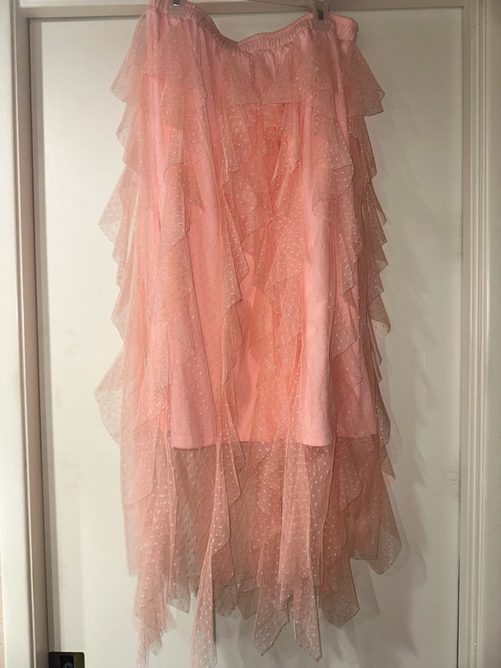 Ruffled Polka Dot Tulle Midi Skirt - Pink